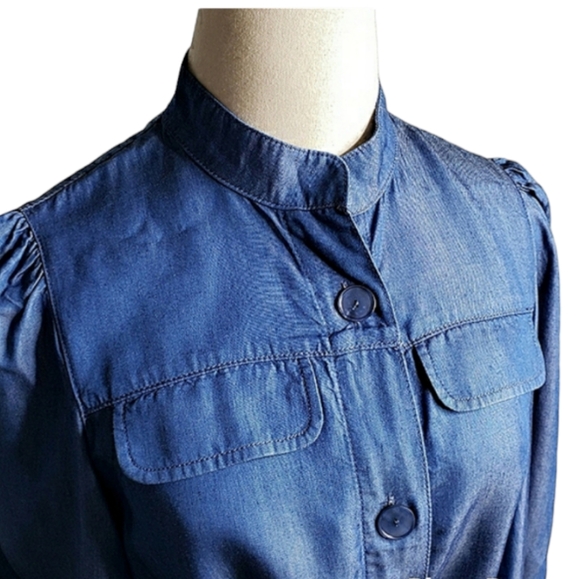 Massimo Dutti Shirt Dress 3/4 Sleeves Mockneck Minimalist Lyocell Chambray Midi - Picture 6 of 16